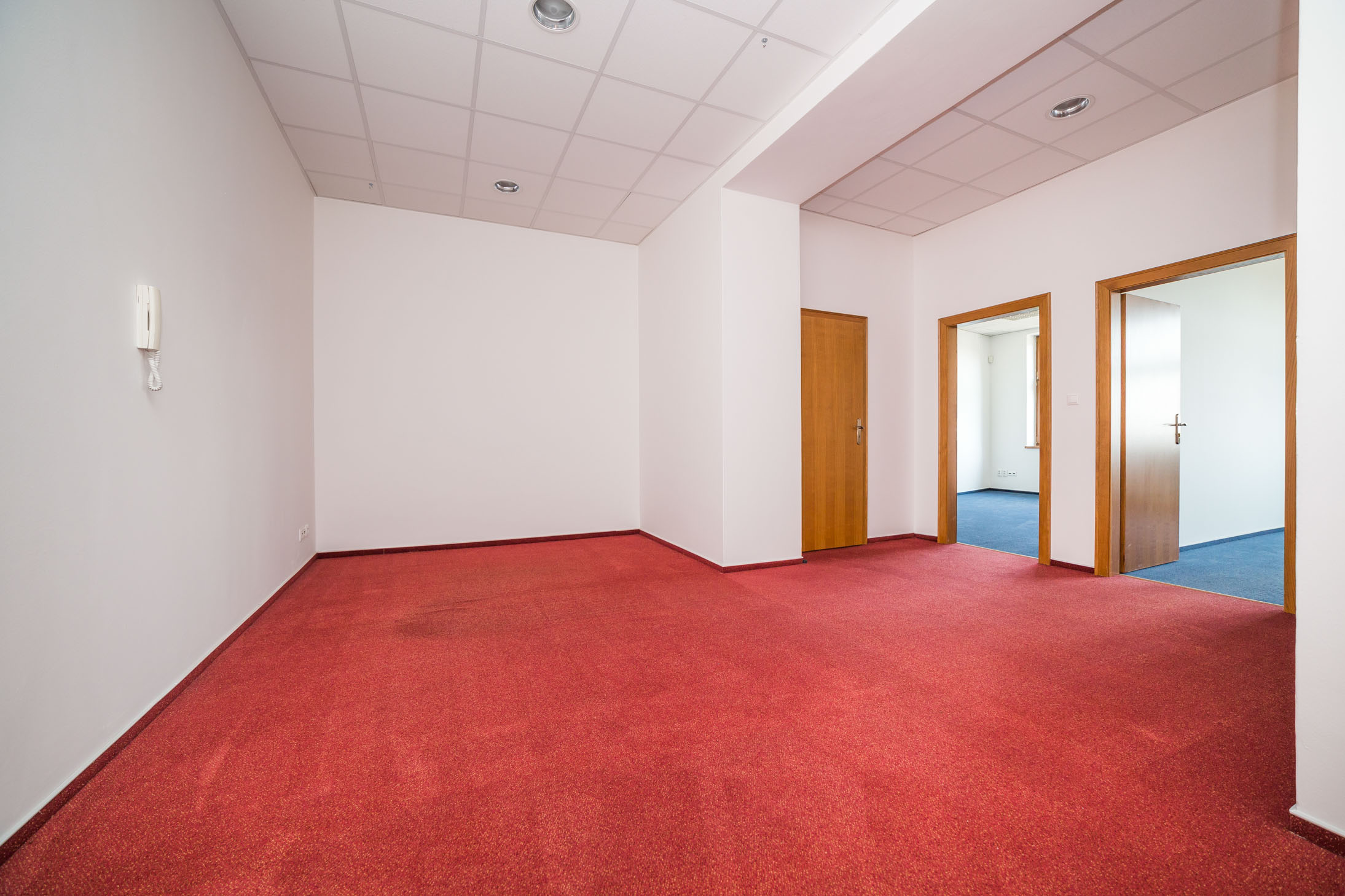opava reality kancelar dvere cerveny koberec modry koberec podhled telefon